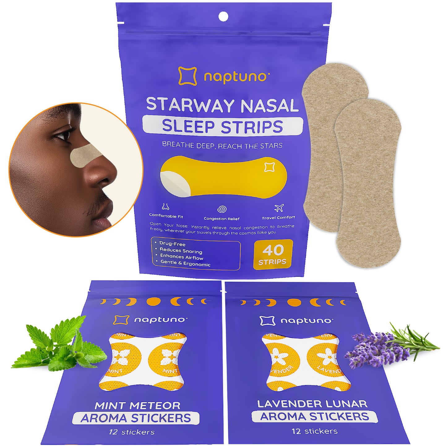 Starway Nasal Sleep Strips (40) with Mint Meteor and Lunar Lavender Aroma Stickers (12)