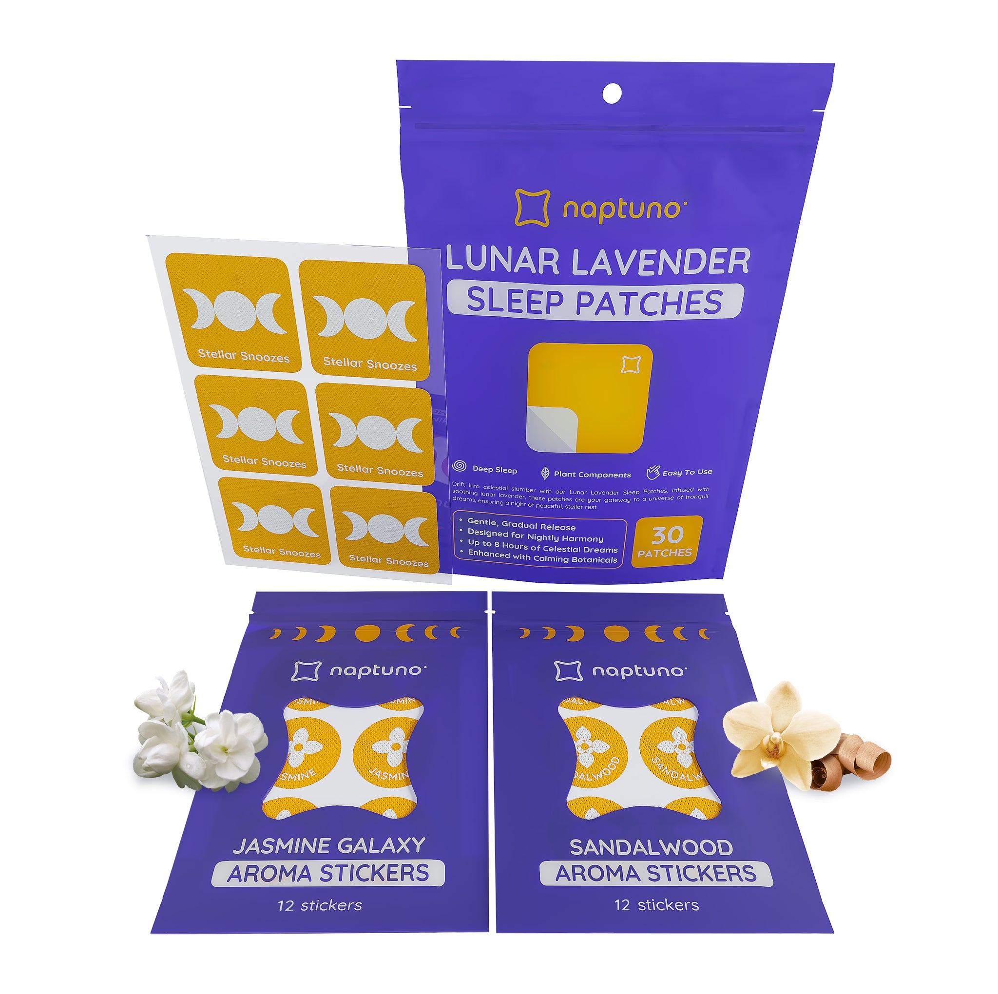 Lunar Lavender Sleep Patches (30) with Jasmine Galaxy and Sandalwood Aroma Stickers (24)