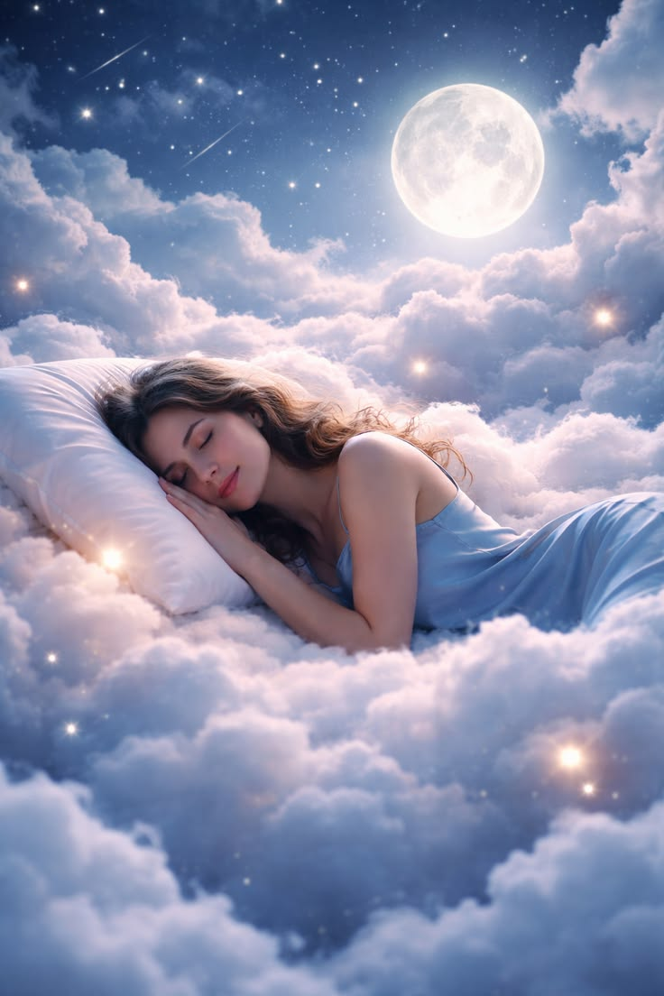 Woman sleeping peacefully among clouds under a full moon